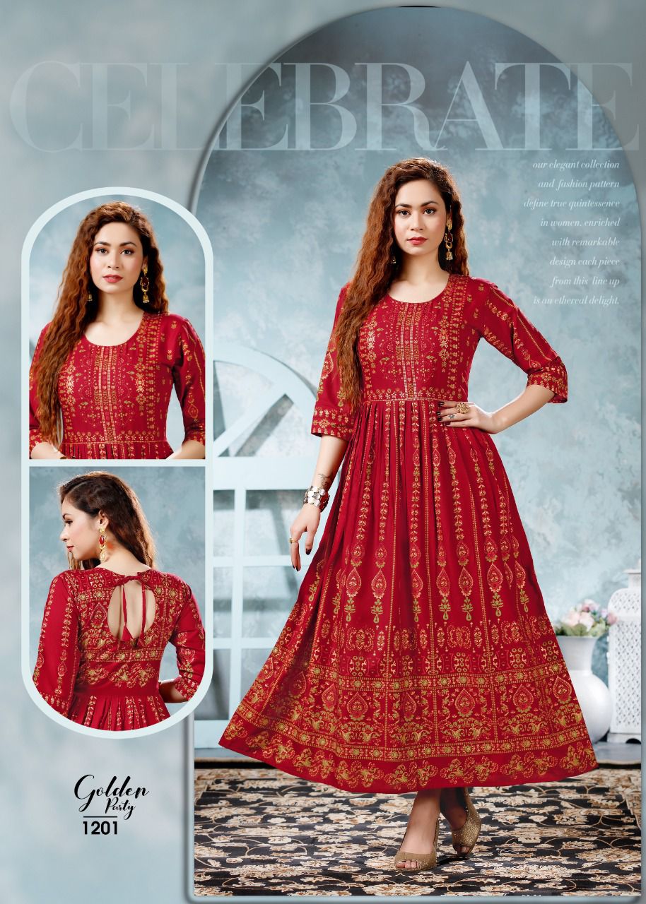 Beauty Queen Golden Party Ethnic Wear Rayon Printed Anarkali Long Kurti Collection
